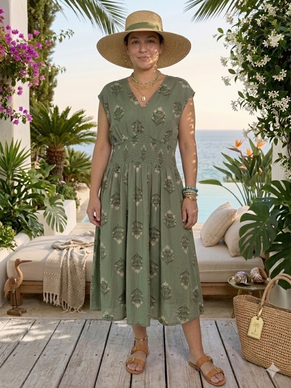 Old Navy Olive Green Waist-Defined Midi Dress Women XXL Floral Comfy Pockets